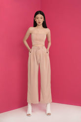 Wide-Leg Silk Pants with Tailored Pleats and High-Waist Belted Detail